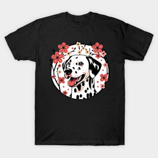 Dalmatian Enjoys Spring Amid Cherry Blossoms and Flowers T-Shirt